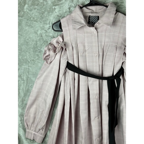 The Silhouette Pink Plaid Shirt Dress Dark Academia Heritage Tie Belt Pleated - Picture 8 of 16